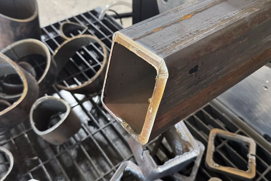 Coped square structural tube, plasma cut and ready to weld with no secondary operation.